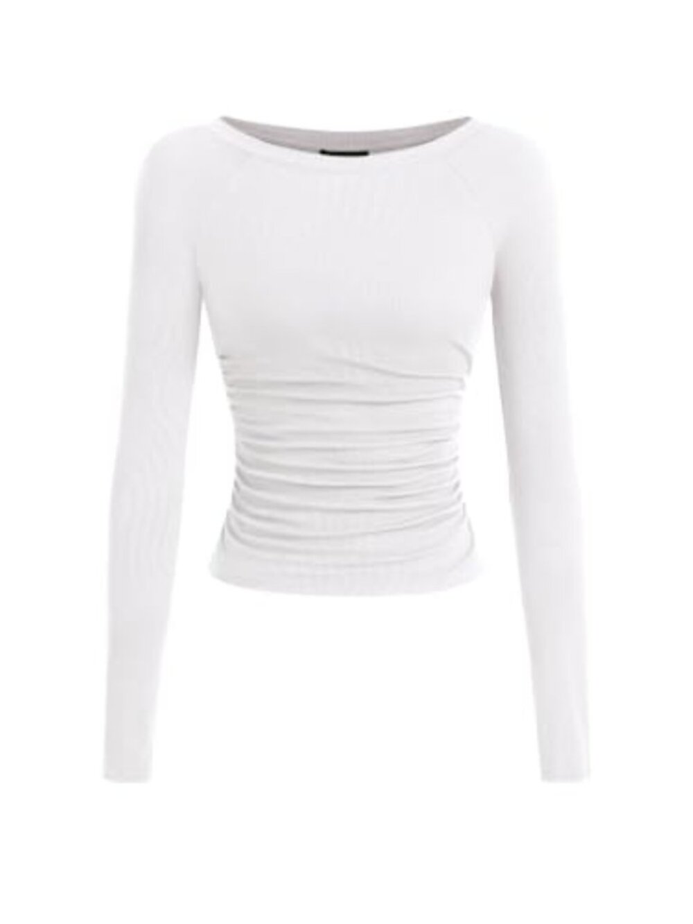 Ribbed Knit Long Sleeve Crop Top Ruched Sides Boat Neck